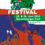 Ein Plakat zum Heimatwelt Festival in Bielefeld 2022. Primärfarben grün, rot und weiß. Entritt ist frei.